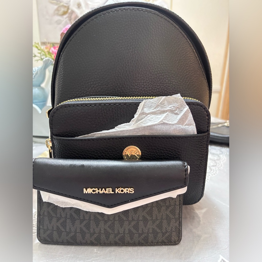Michael Kors Black and Gold Backpack with Wallet